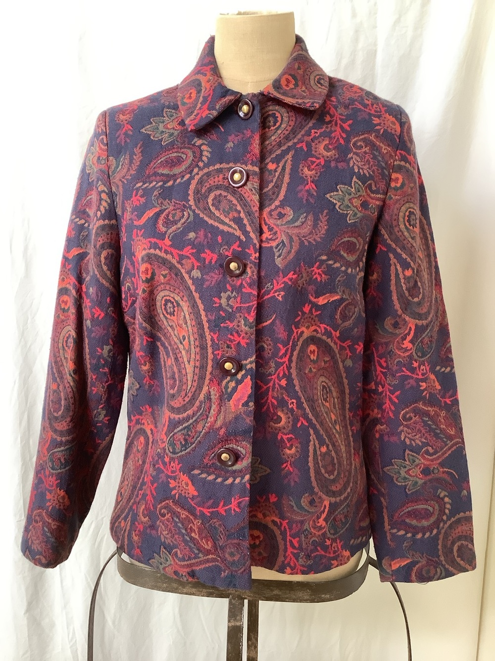 BFA Classics Jacket Top-Blue Red Green Gold Paisley Pattern-Button Close-PM